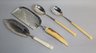 A George III silver fish slice with ivory handle, a later silver crumb scoop and pair of servers,