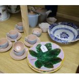 A pair of George Jones majolica leaf-patterned plates and sundry ceramics, including a quantity of