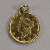 A United States of America one dollar gold coin, 1851, Liberty head, with suspension ring, 1.8g
