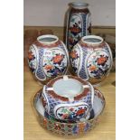 Four Imari vases and a bowl tallest 30cm