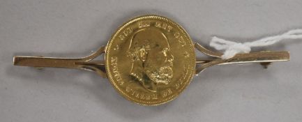 A Dutch 10 Gulden gold coin, 1876, now mounted as a bar brooch, 8.8g
