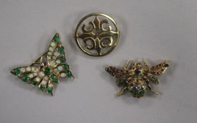 Two Victorian style 9ct gold and gem set bug brooches, bee and butterfly and one other 9ct gold