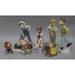 Four Royal Worcester 'Child' figures and three models of songbirds, the figures including Saturday'