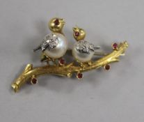 A modern 18ct gold, cultured pearl, diamond and gem set brooch, modelled as two birds upon a branch,