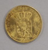 A Dutch Ten Gulden gold coin, 1897, Queen Wilhelmina, 6.7g, AUNC