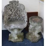 A garden seat and a bird bath W.53cm