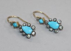 A pair of Victorian yellow metal, turquoise and diamond set pear shaped drop earrings, 20mm.