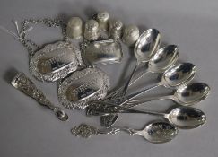 Mixed silver including thimbles, spoons and three wine labels including one Victorian.