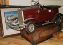 Four modern framed advertising prints, a Gordon's Gin crate, a pedal car (a.f.) and a wooden panel