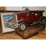 Four modern framed advertising prints, a Gordon's Gin crate, a pedal car (a.f.) and a wooden panel