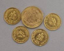 Five Mexican gold coins, including a Dos Pesos 1945 and four 'Maximilian 1865' Fantasy coins (issued