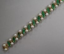 A 14ct gold, jadeite and cultured pearl set bracelet.