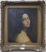 Victor Comand, oil on canvas, head and shoulder portrait of a young lady, indistinctly signed and
