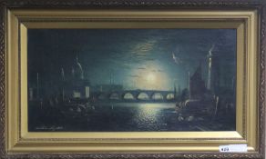 Smythe, oil on canvas, moonlit river landscape, 30 x 61cm