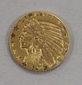 A United States of America five dollar gold Indian half eagle, 1912, 8.36g, VF