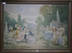 A machined tapestry panel depicting ladies and gallants in a garden, 79 x 113cm