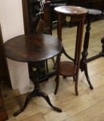 A tripod table and two jardiniere stands table W.50cm