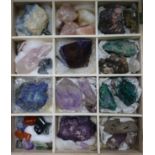 A tray of assorted minerals and gemstones