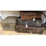 Three vintage leather suitcases and a wicker hamper