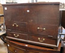 An antique oak drop front oak coffer W.92cm