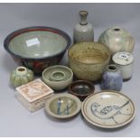 Two St Ives celadon glazed small bowls and other studio pottery vessels