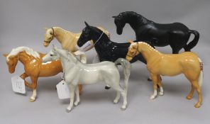 Six Beswick horses: Hackney Black 1361 2 Palomino H259 Stocky Jogging Mare 855 palomino 3rd Black