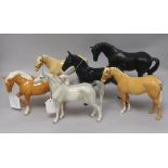 Six Beswick horses: Hackney Black 1361 2 Palomino H259 Stocky Jogging Mare 855 palomino 3rd Black