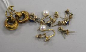 A pair of Edwardian 9ct gold hoop earrings, six other pairs of assorted ear studs and two singles.