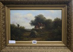 A. Gilbert, oil on canvas, harvesters in a landscape, signed, 24 x 40cm