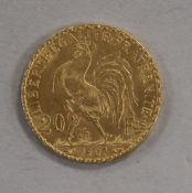 A French 20 Franc gold coin, 1907, 6.45g, NEF