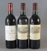 Two bottles of Carruades De Lafite, Pauillac, 1990 and one bottle of Les Fiefs de Lagrange, 1993.