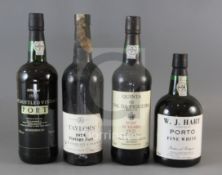 One bottle of Taylors Vintage 1975 Port and three other bottles including W.J. Hart Porto Fine