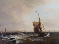 GM (19th century), oil on millboard, Fishing boats returning to port, Yarmouth, title inscribed