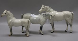 Three Beswick grey horses; Arab Bahram 1771, Welsh Mountain pony 1643 first version, Mare 1812