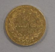 A French 20 Franc gold coin, 1834A, Louis Philippe I, laureate head obverse, wreath to reverse, 6.