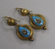 A pair of Victorian yellow metal, turquoise enamel and diamond set drop earrings, overall 37mm.