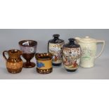 Three items of lustreware, a pair of Satsuma vases and a Susie Cooper jug