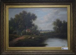 E. Horton, oil on canvas, sheep beside a river, signed, 50 x 75cm