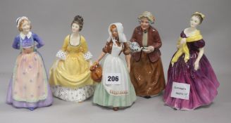 Five Royal Doulton figurines: Susan HN2056, Coraline HN2037, Teatime HN2255, The Milkmaid HN2057 and