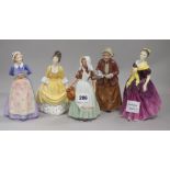 Five Royal Doulton figurines: Susan HN2056, Coraline HN2037, Teatime HN2255, The Milkmaid HN2057 and