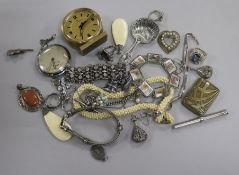 A mixed group of costume jewellery, a watch and a timepiece.