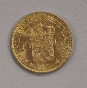 A Dutch Ten Guilder gold coin, 1912, Queen Wilhelmina, AUNC, 6.8g