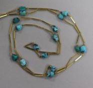 An Italian 18ct gold and turquoise set baton link chain, 78cm.