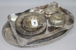 A pierced silver small dish and sundry plated items
