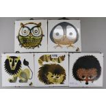 Five Kenneth Townsend animal tiles 15 x 15cm