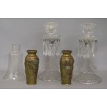 A pair of moulded glass candlesticks and a pair of Meiji bronze small vases, the candlesticks each