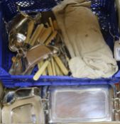 A quantity of plated items, etc., including entree dishes, biscuit barrel, pewter mugs, teapot,