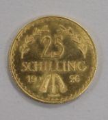 An Austrian 25 Schilling gold coin, 1926 5.88g, some contact marks otherwise prooflike.