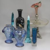 A pair of glass obelisk, a Whitefriars vase and other ceramics tallest 39cm