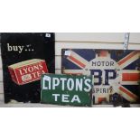 Three enamel signs: Motor Spirit, Lyons Tea and Liptons Tea 41 x 66cm, 51 x 38cm and 38 x 23cm